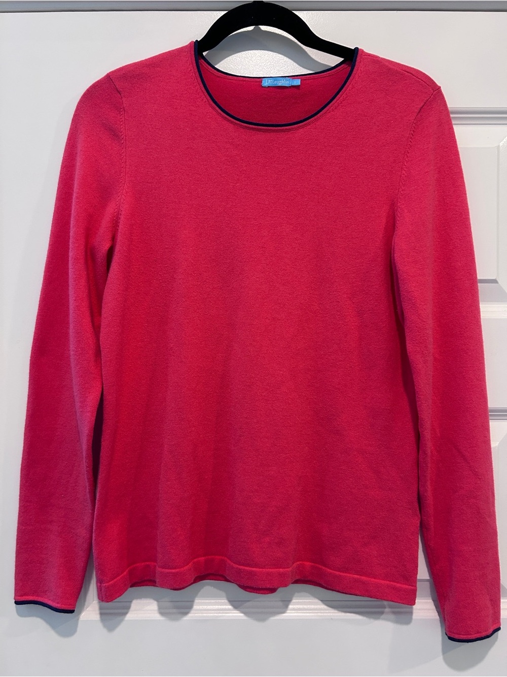 J. McLaughlin Navy Trim Coral Pink Sweater Long Sleeves Knit Cotton Blend Small